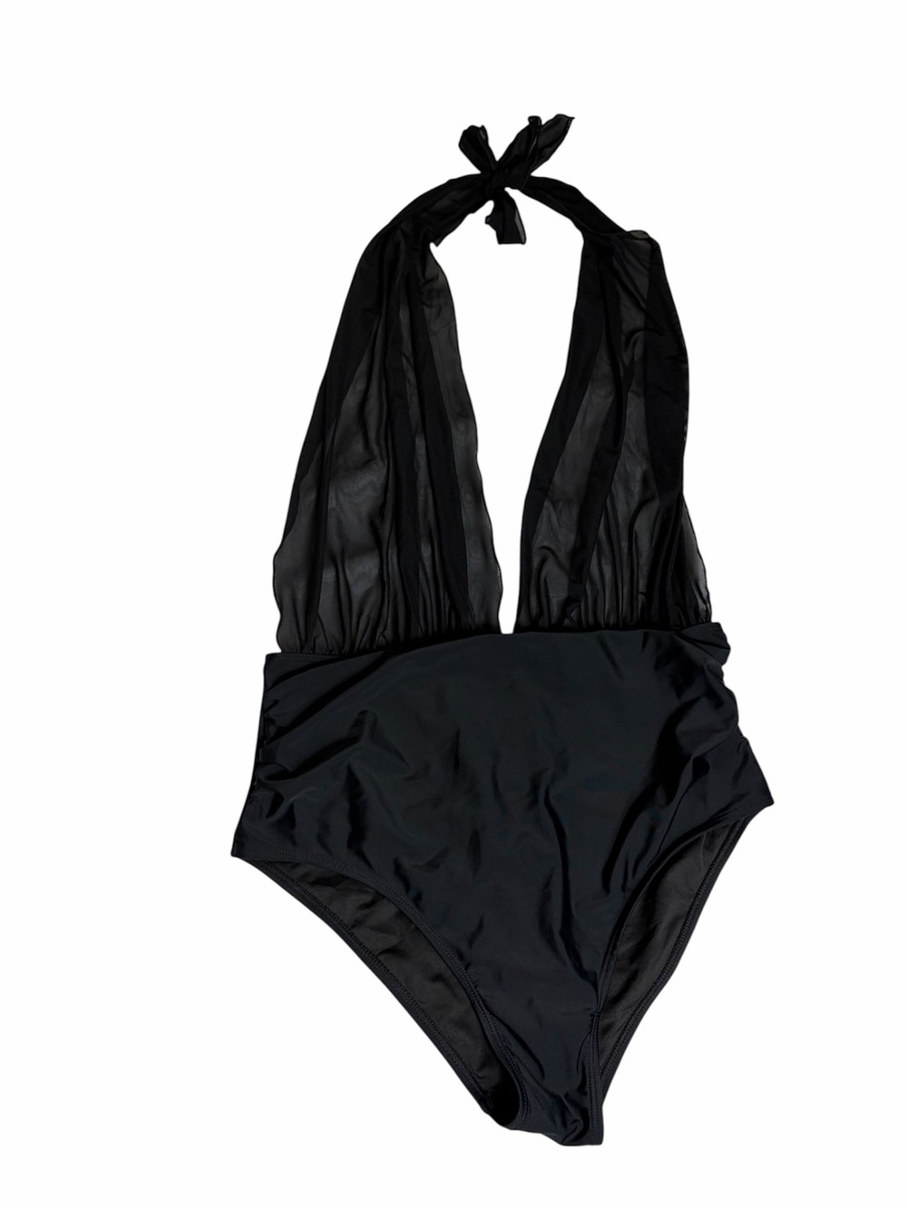 Black halter tie neck sheer mesh top nylon one piece swimsuit size L